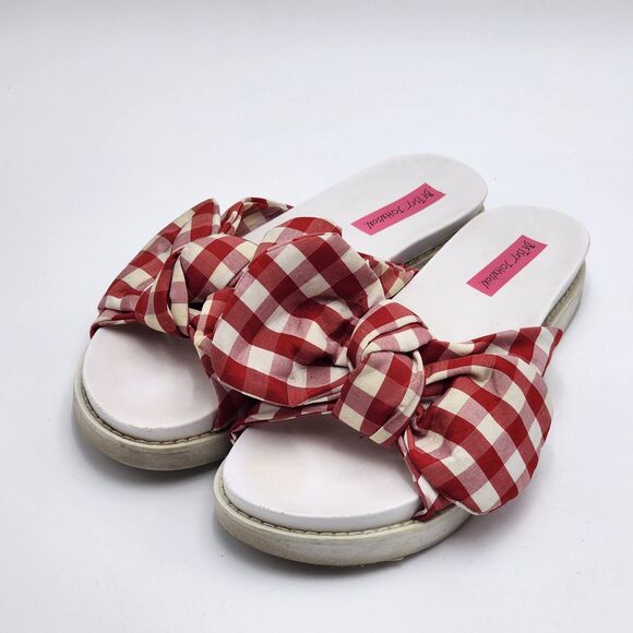 Betsey Johnson Picnic Red Gingham Bow Slide Sandals - Picture 3 of 11